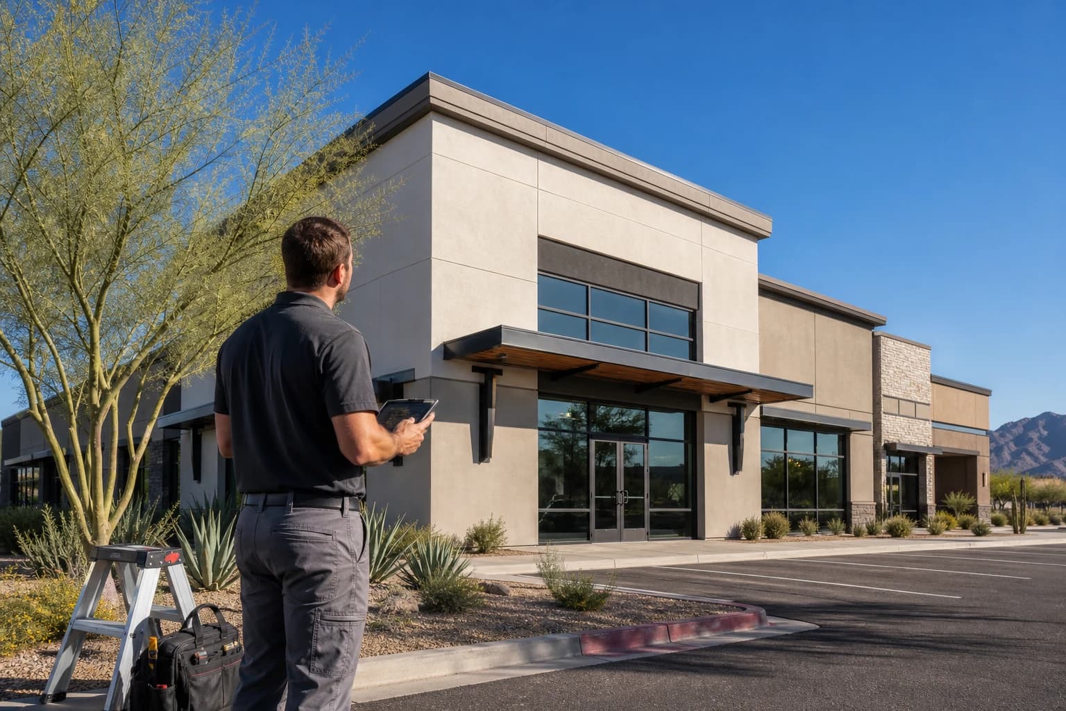 Commercial property inspector reviewing a modern Arizona commercial building