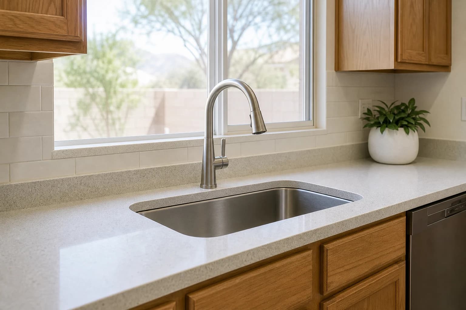 AI-generated illustration of a kitchen sink and counter area, not an actual Upspect inspection site