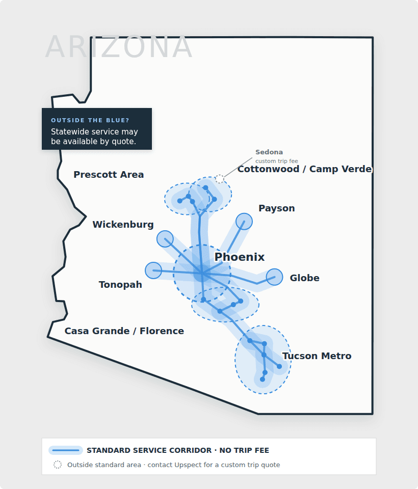Map of Upspect home inspection coverage across Arizona