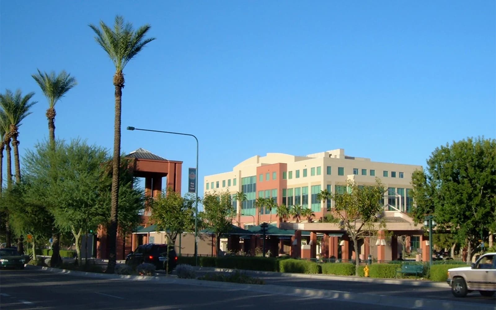 Downtown Chandler streetscape with palms and commercial buildings