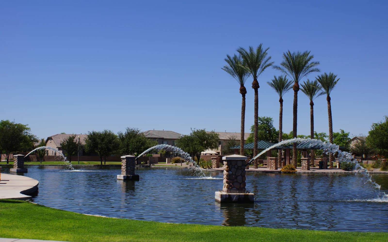 Lake, palms, and green space in a Maricopa residential community