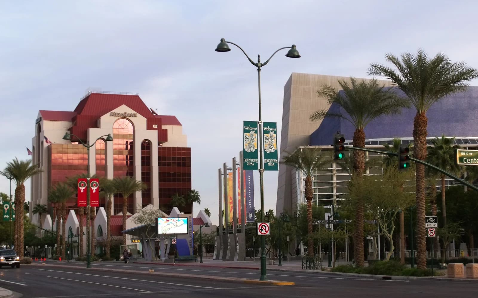 Downtown Mesa streetscape with the Mesa Arts Center area