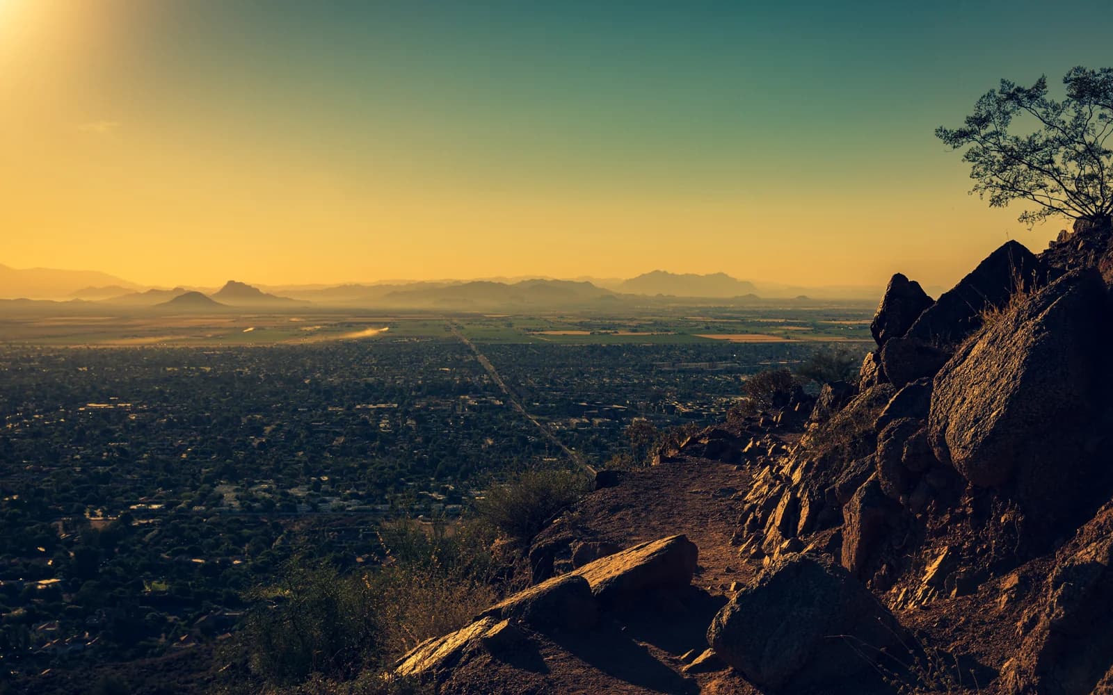 View across Paradise Valley toward Camelback Mountain at sunset