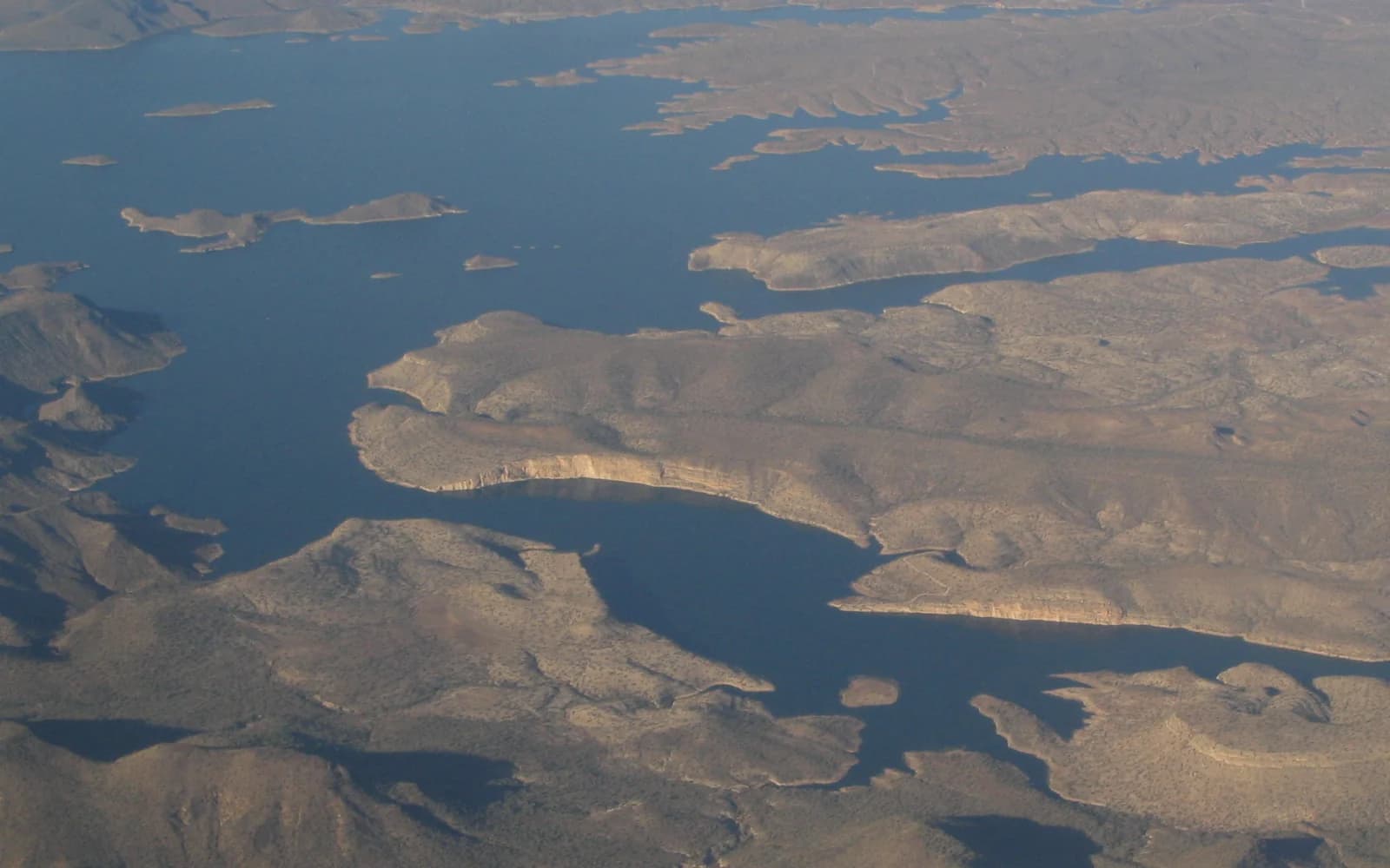 Aerial view of Lake Pleasant and the surrounding desert near Peoria