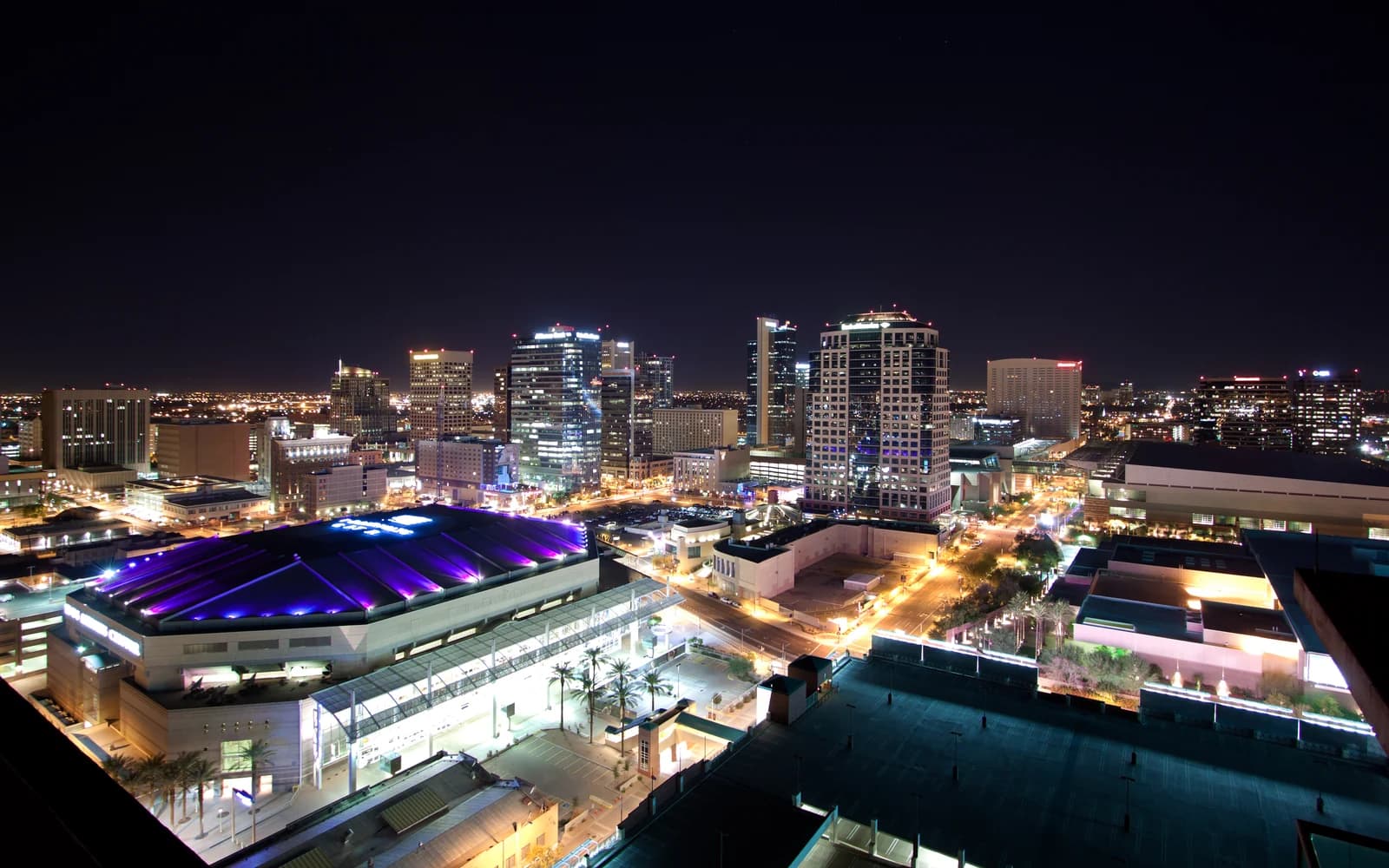 Downtown Phoenix skyline illuminated at night