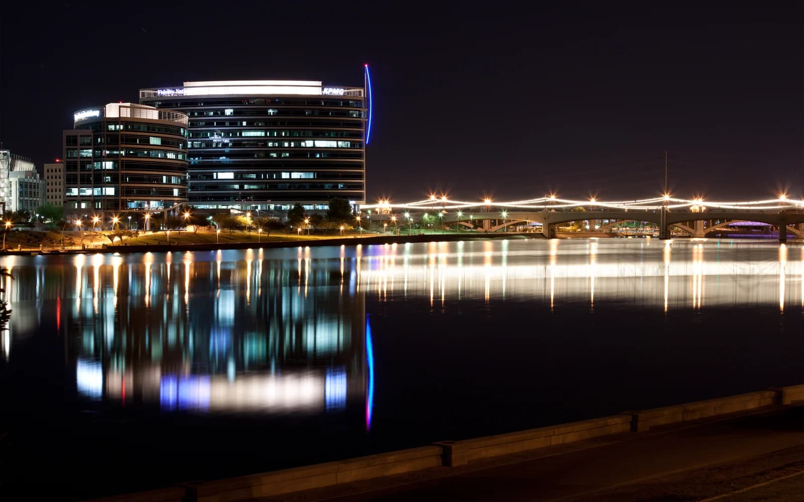 Tempe Town Lake and illuminated waterfront buildings at night