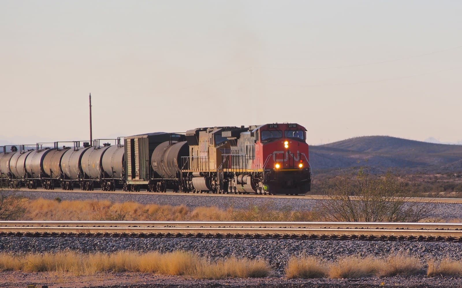 Freight train crossing the desert along Interstate 10 near Vail